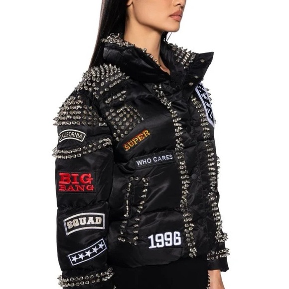 ACDC SPIKED PATCH PUFFER COAT IN BLACK NWT - Picture 6 of 16